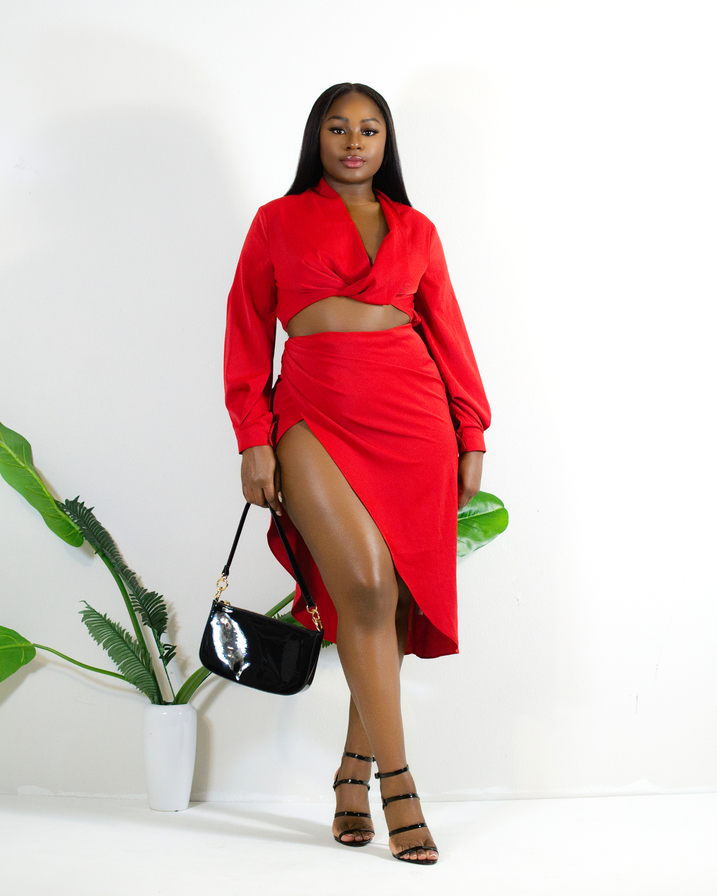 RED ROMANCE SLIT SKIRT SET