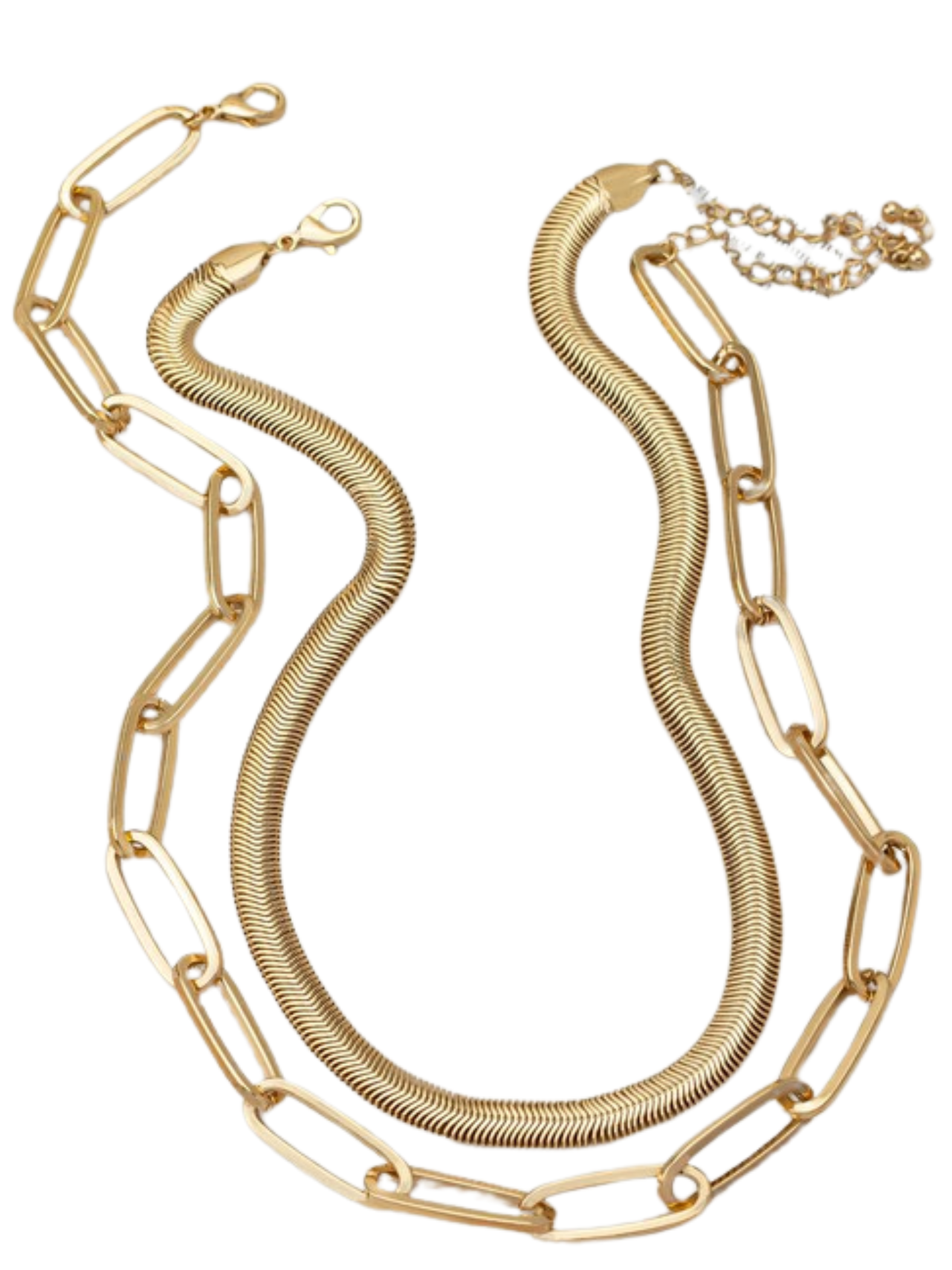 GOLD HERRINGBONE AND CHUNKY LINK CHAIN NECKLACE SET.