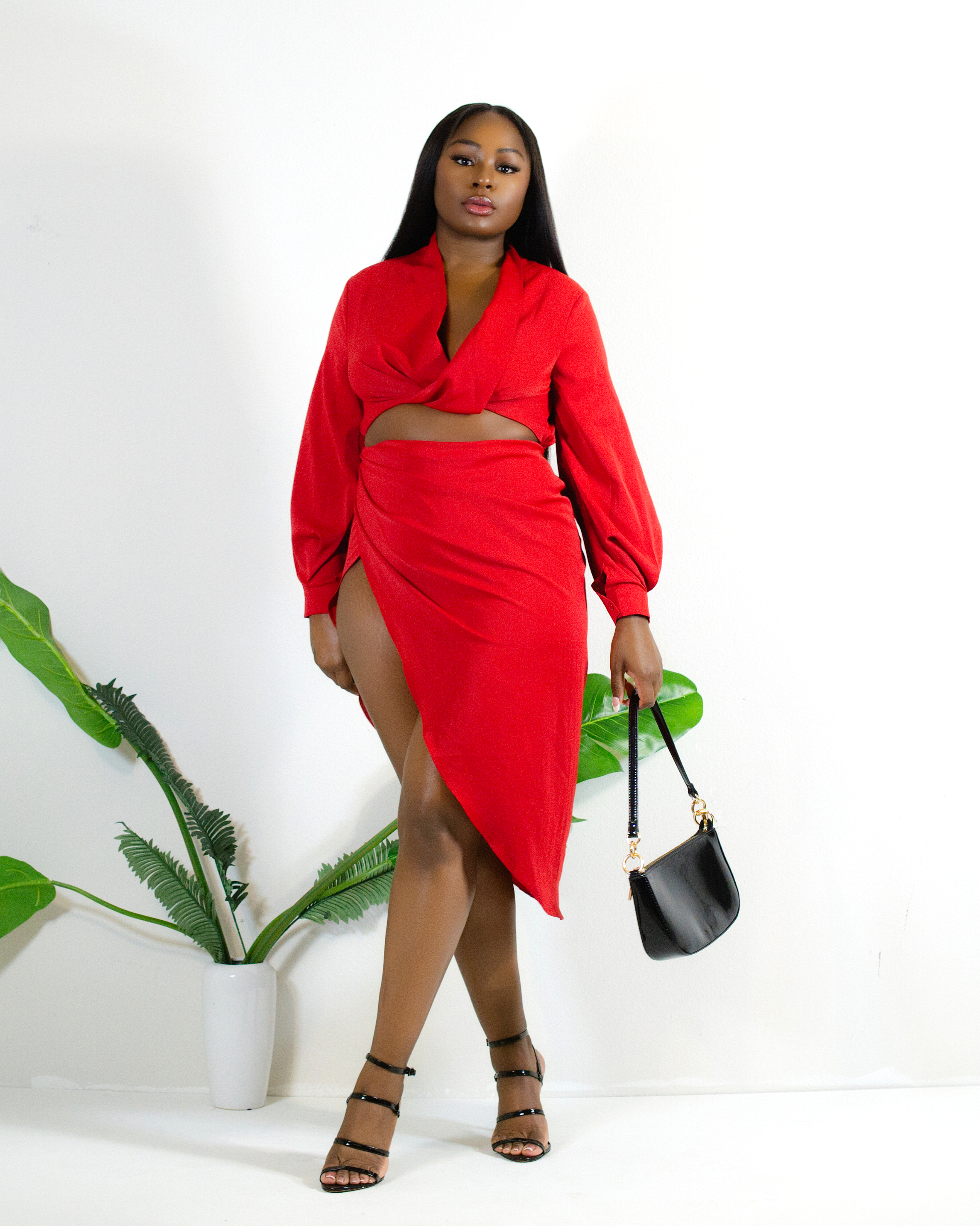 RED ROMANCE SLIT SKIRT SET