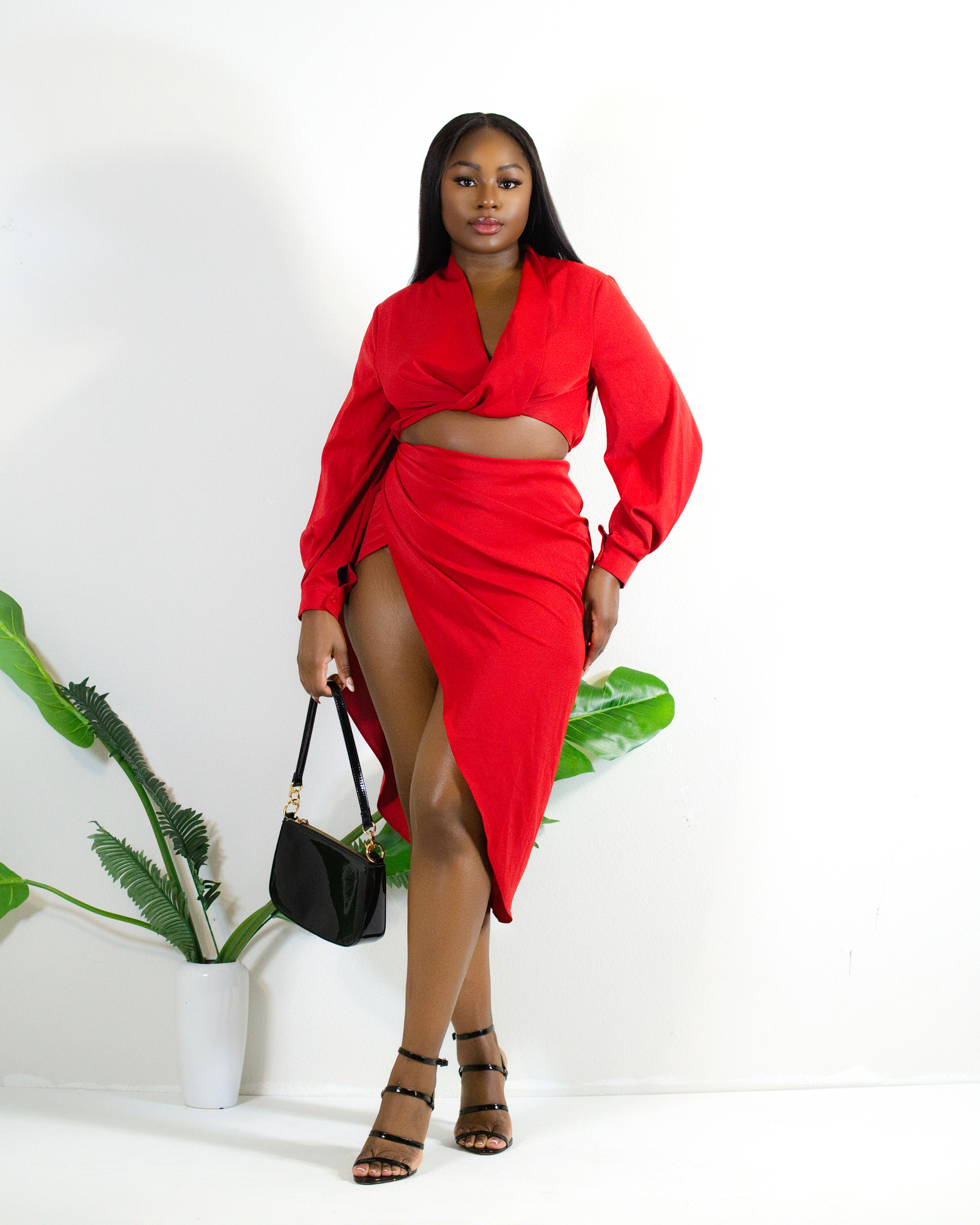 RED ROMANCE SLIT SKIRT SET