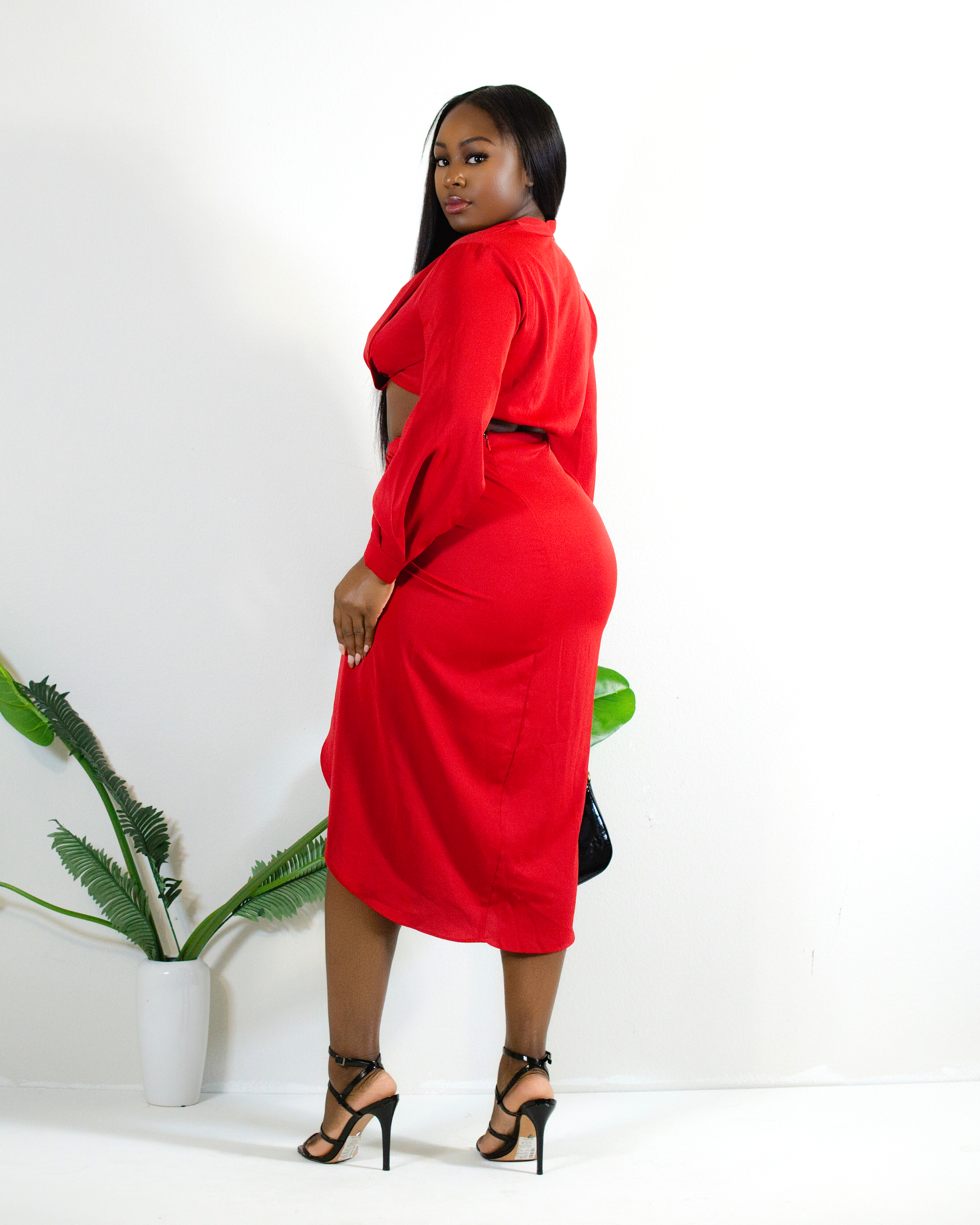 RED ROMANCE SLIT SKIRT SET