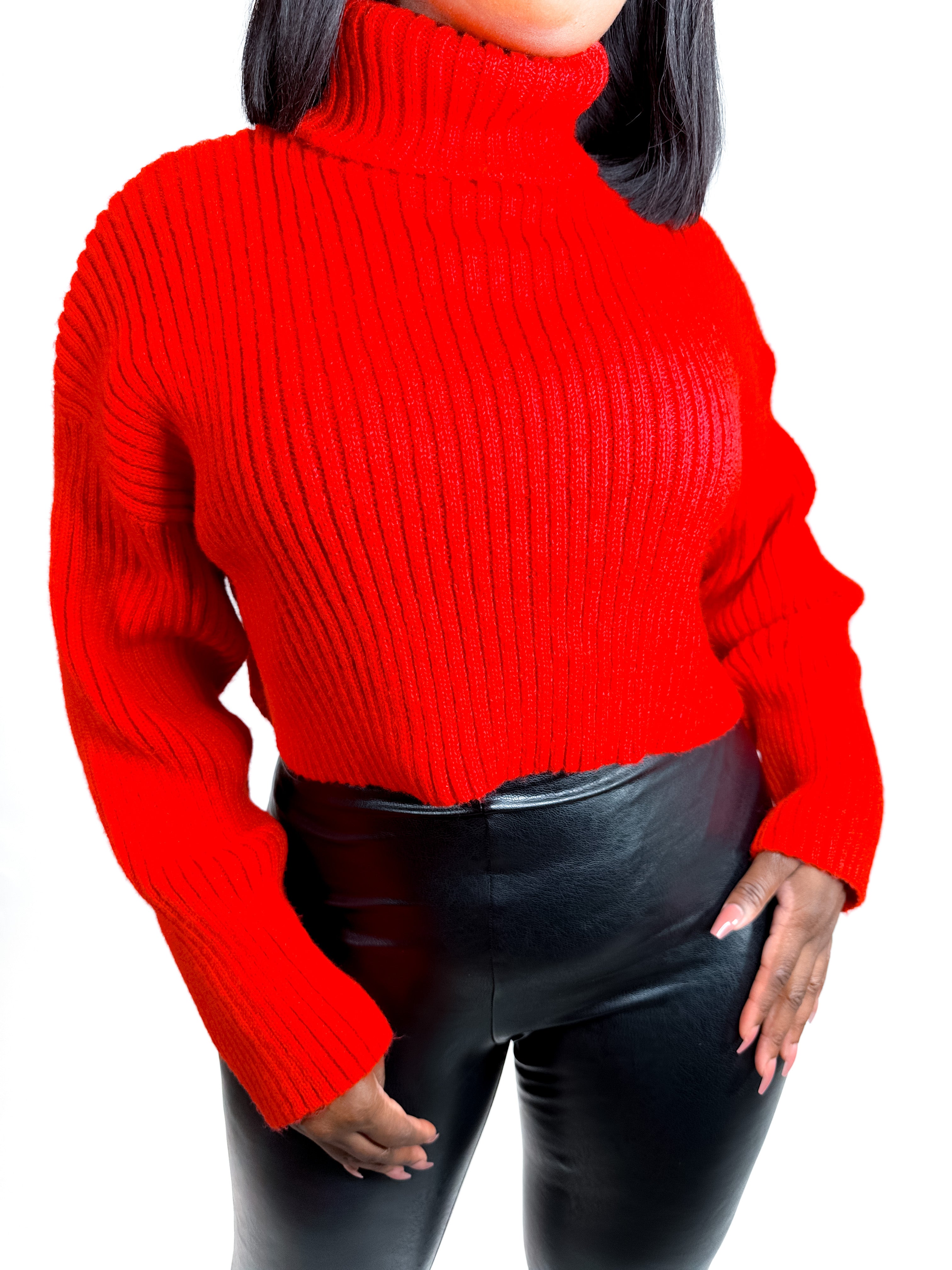 COZY SENSATION RED RIBBED CROPPED TURTLENECK SWEATER (FINAL SALE)