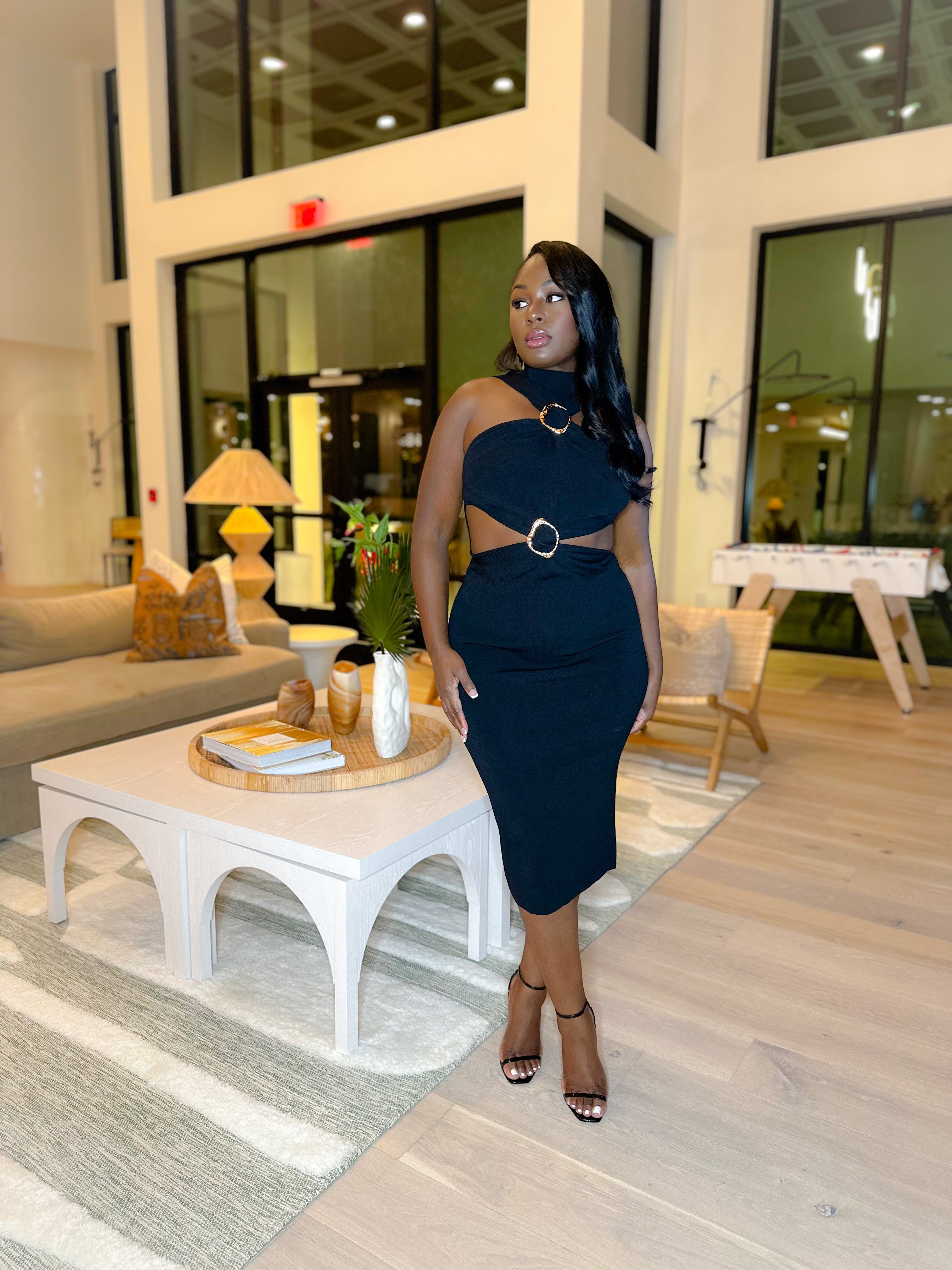 PLOT TWIST MIDI DRESS (BLACK)