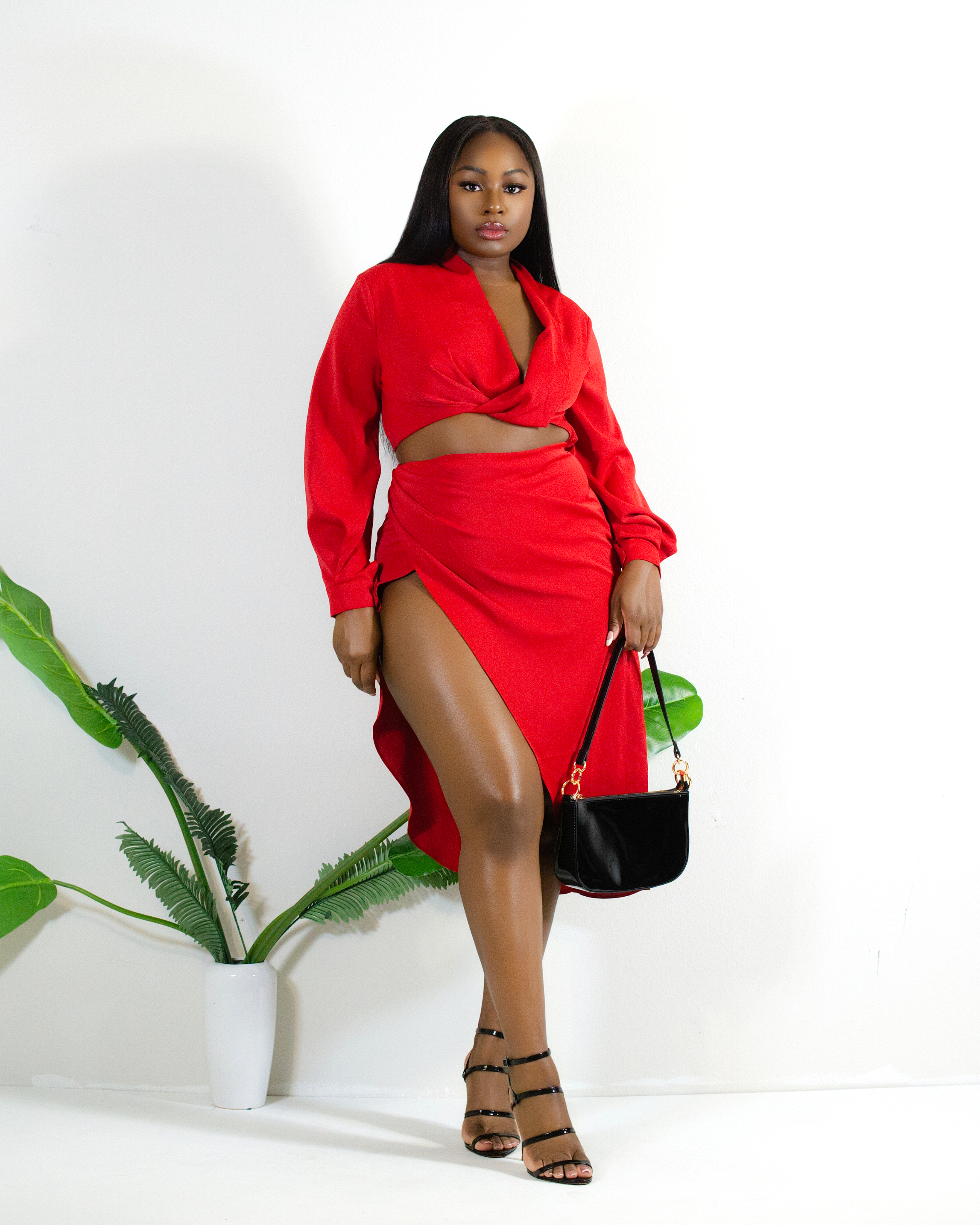 RED ROMANCE SLIT SKIRT SET