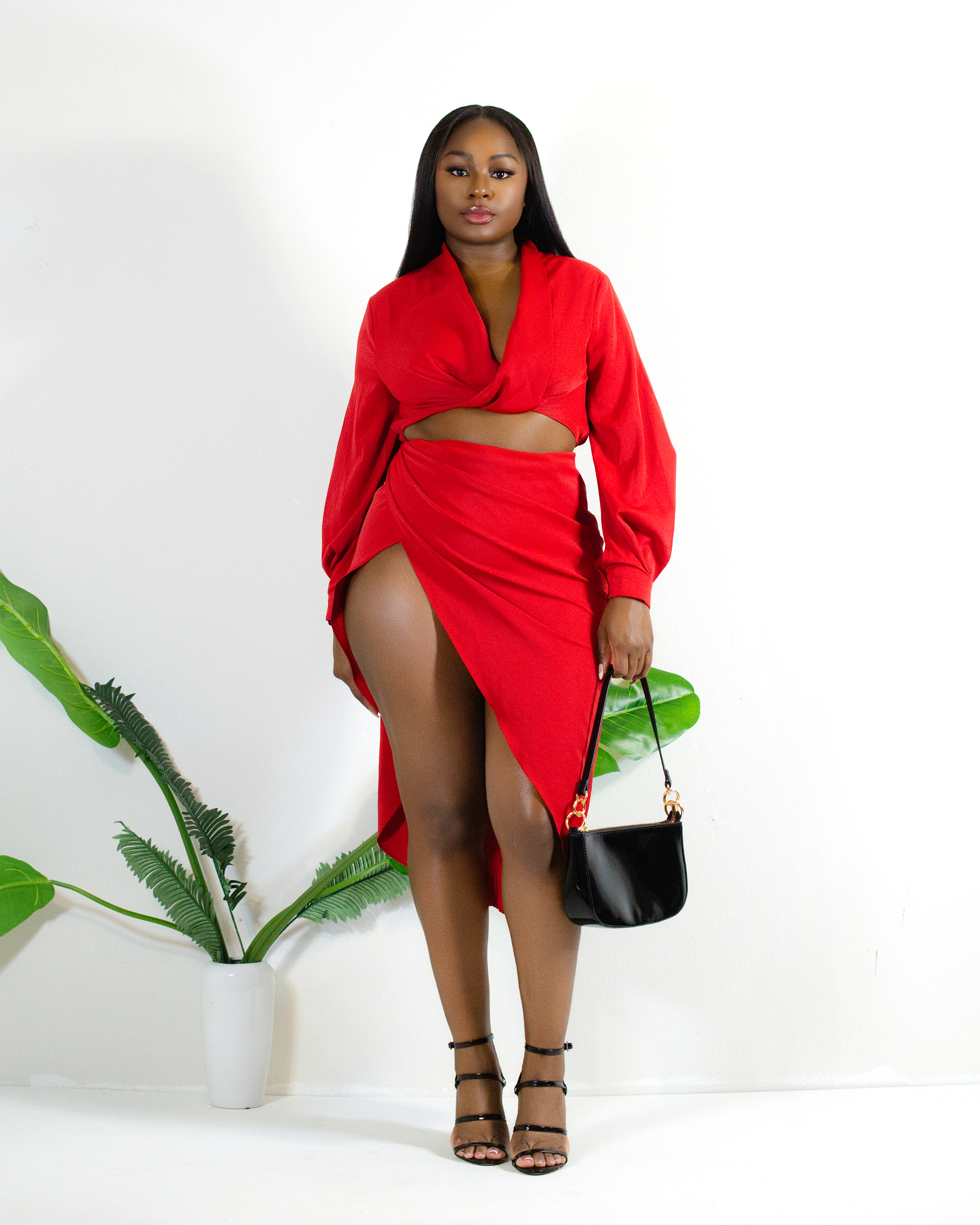RED ROMANCE SLIT SKIRT SET