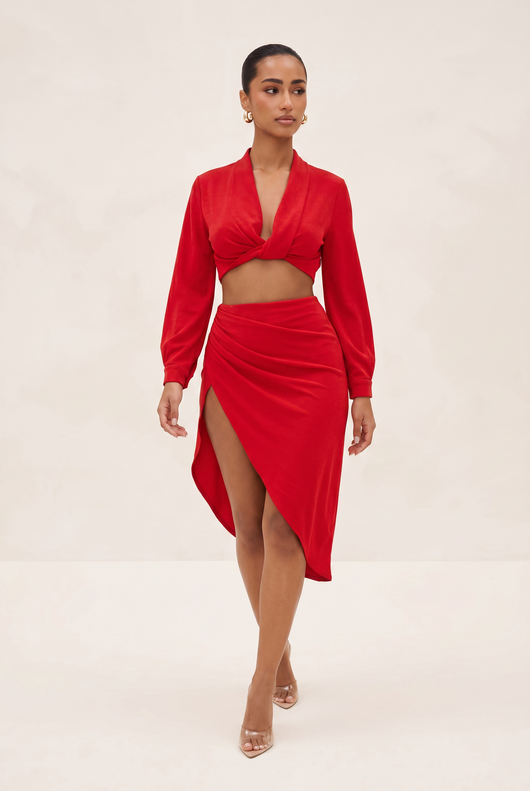 RED ROMANCE SLIT SKIRT SET