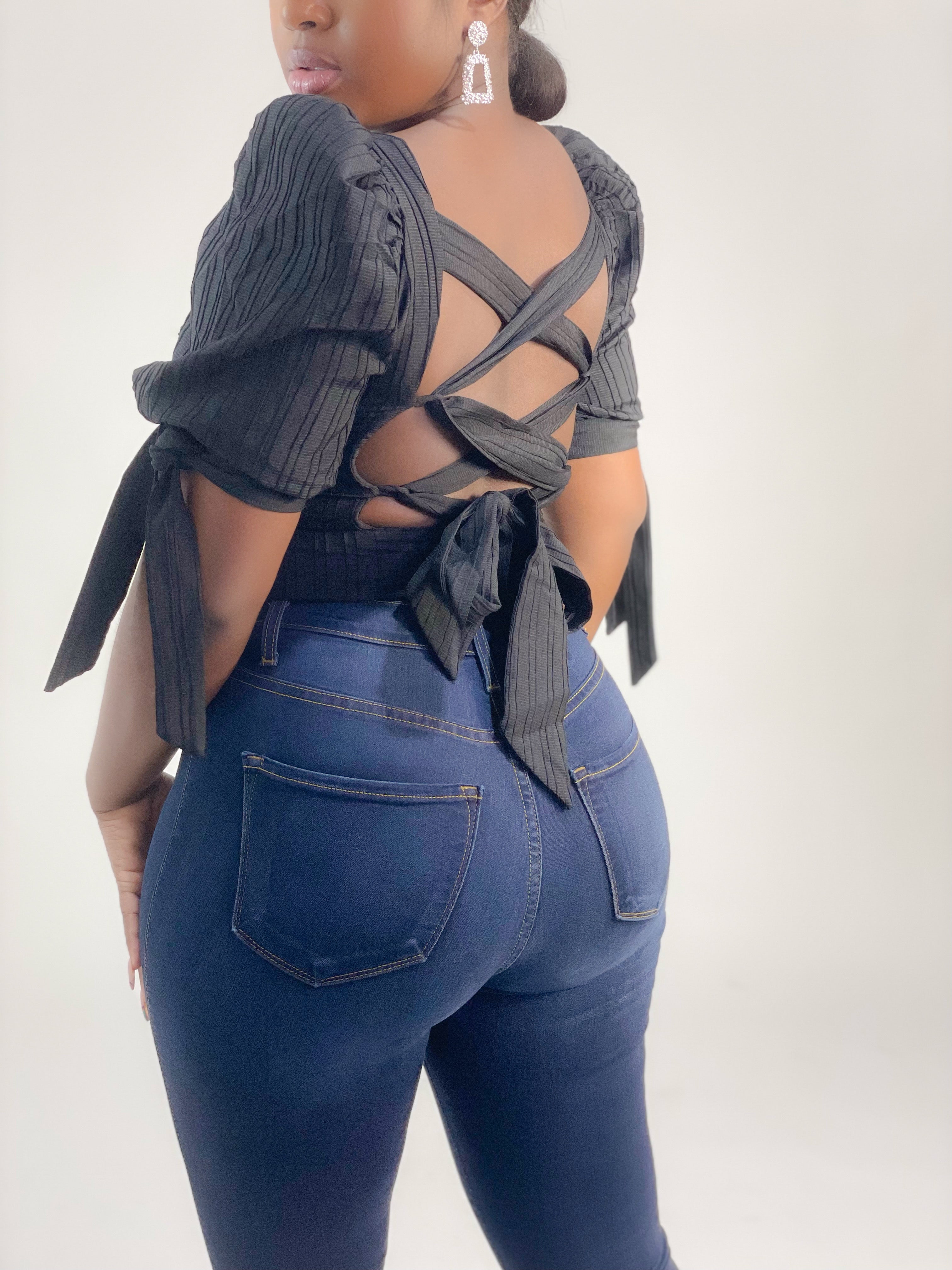 BACK AND BETTER WOVEN CROP TOP (BLACK) (FINAL SALE).