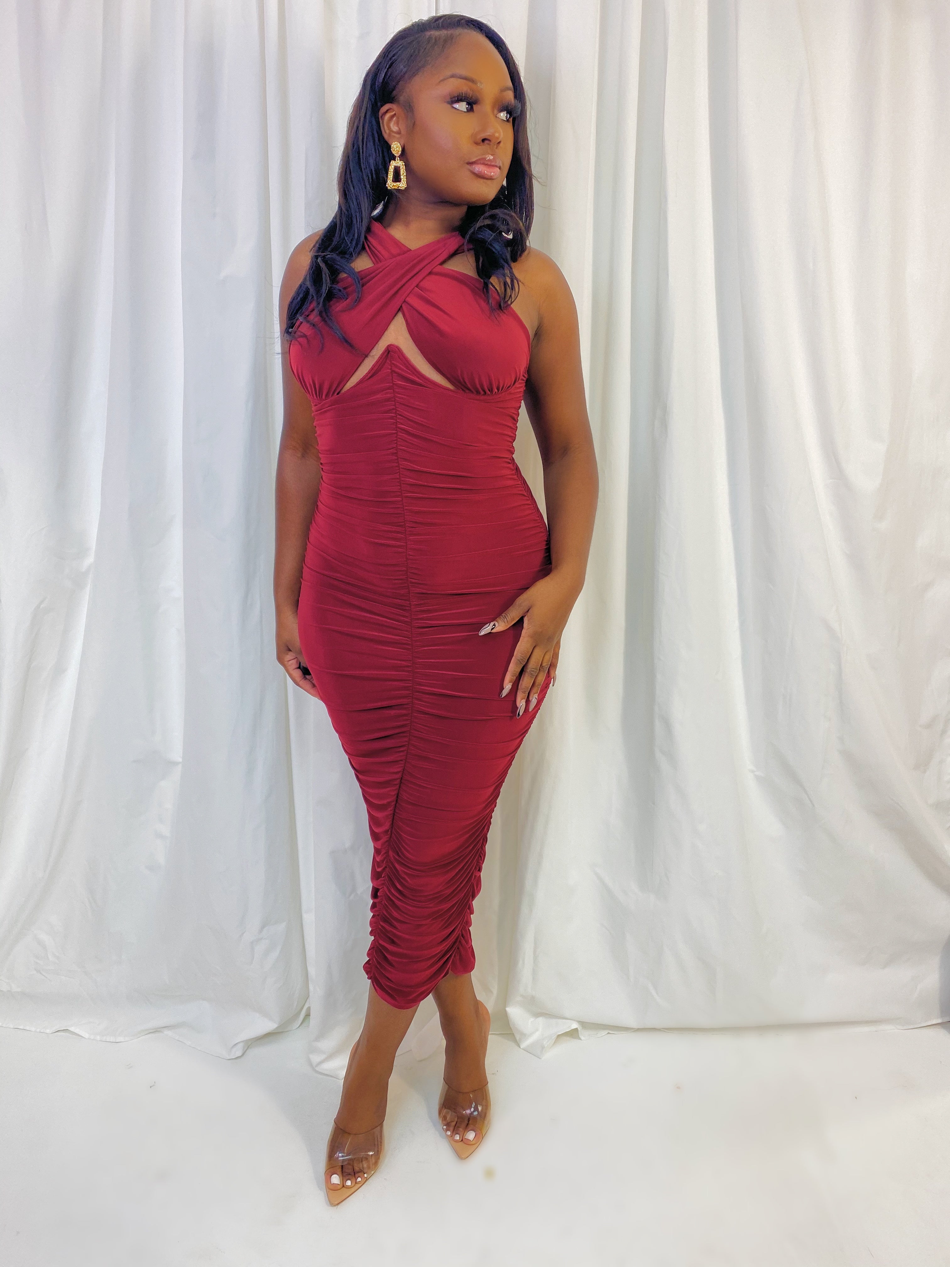 MAIN ATTRACTION RUCHED MIDI DRESS (FINAL SALE).