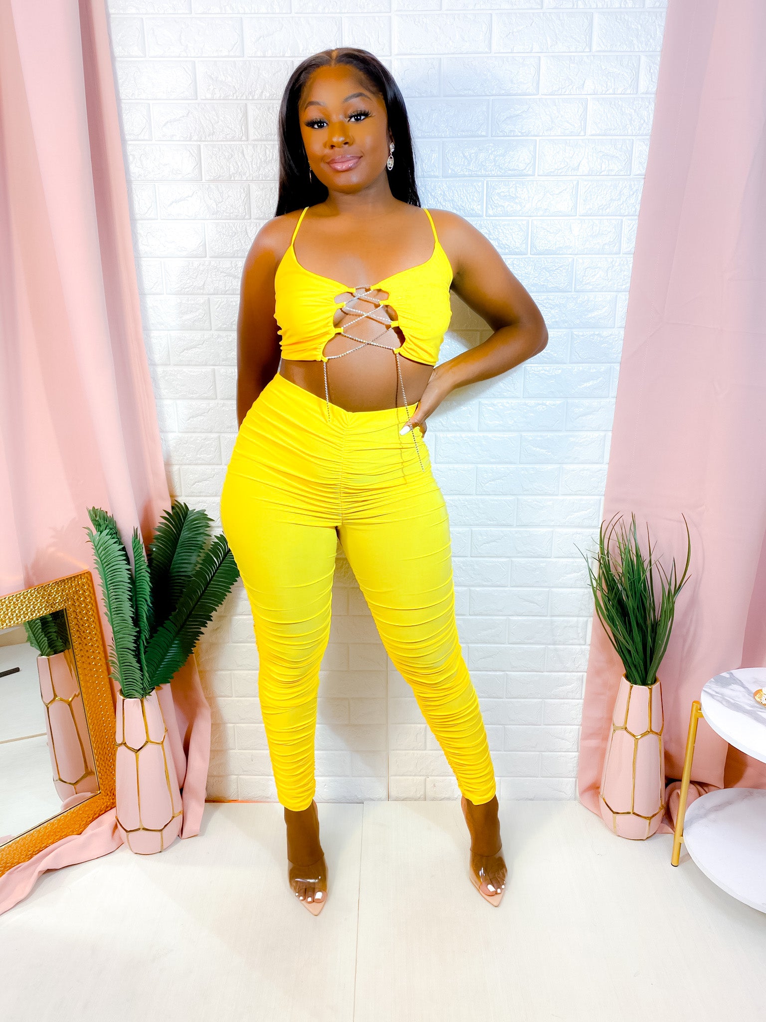 YOUR A GEM BABE PANTS SET (YELLOW) (FINAL SALE).