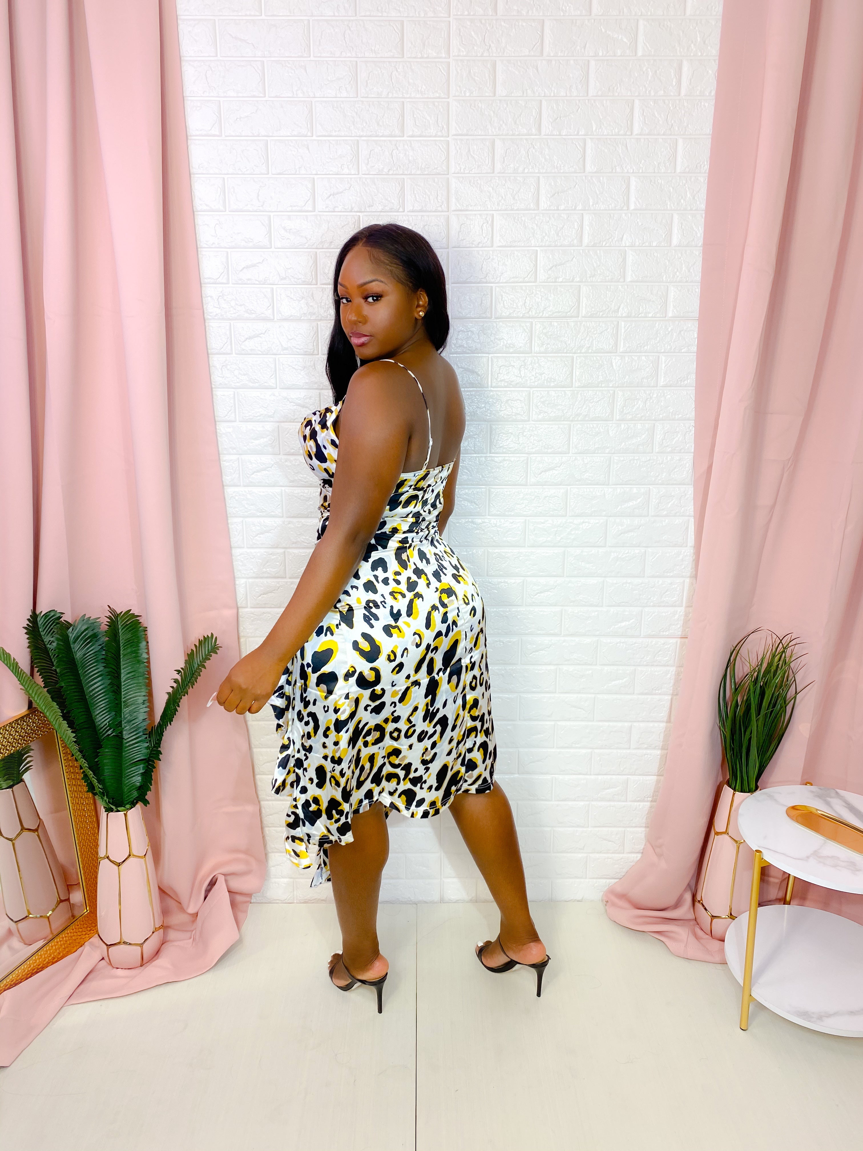 LEOPARD PRINT SATIN MIDI DRESS (CREAM) (FINAL SALE).