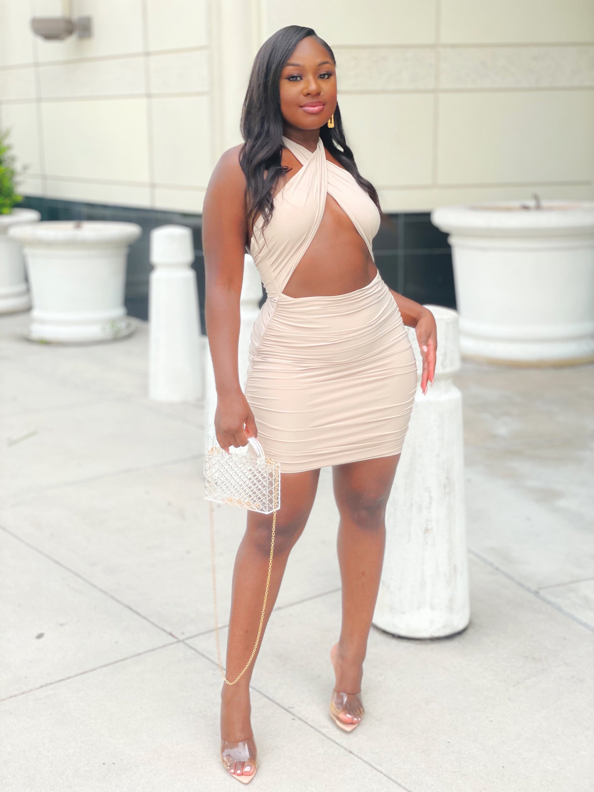 MY VIBES UNMATCHED RUCHED MINI DRESS (NUDE) (FINAL SALE).