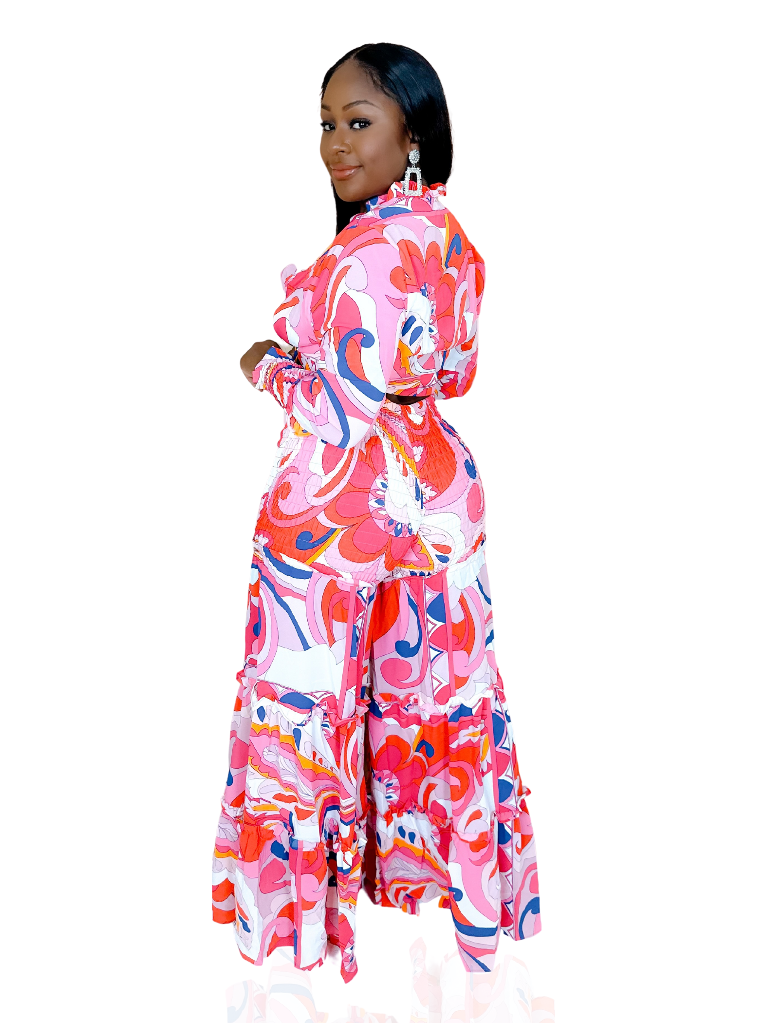 PARADISE PINK ABSTRACT RUFFLE PANTS SET.