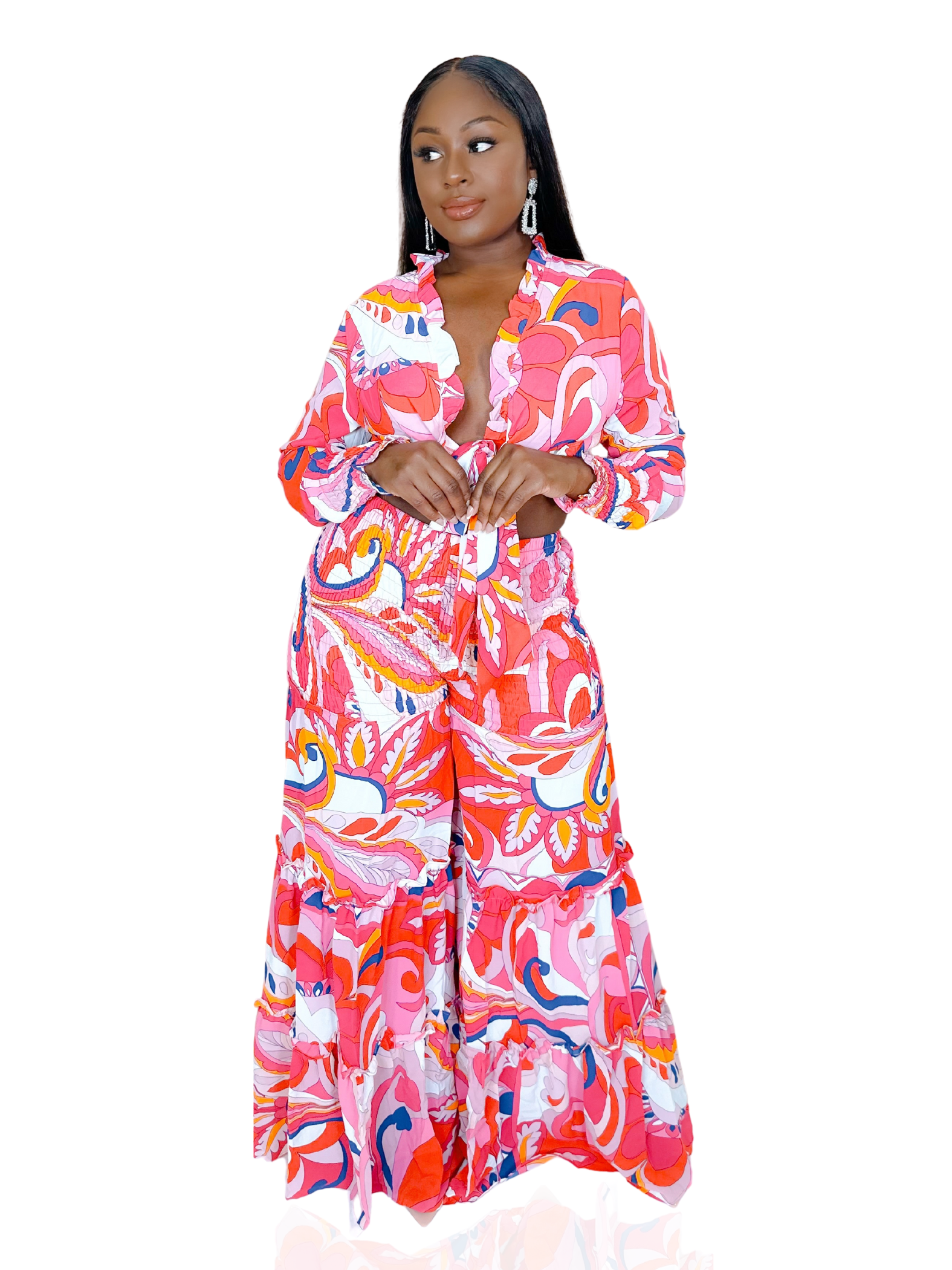 PARADISE PINK ABSTRACT RUFFLE PANTS SET.