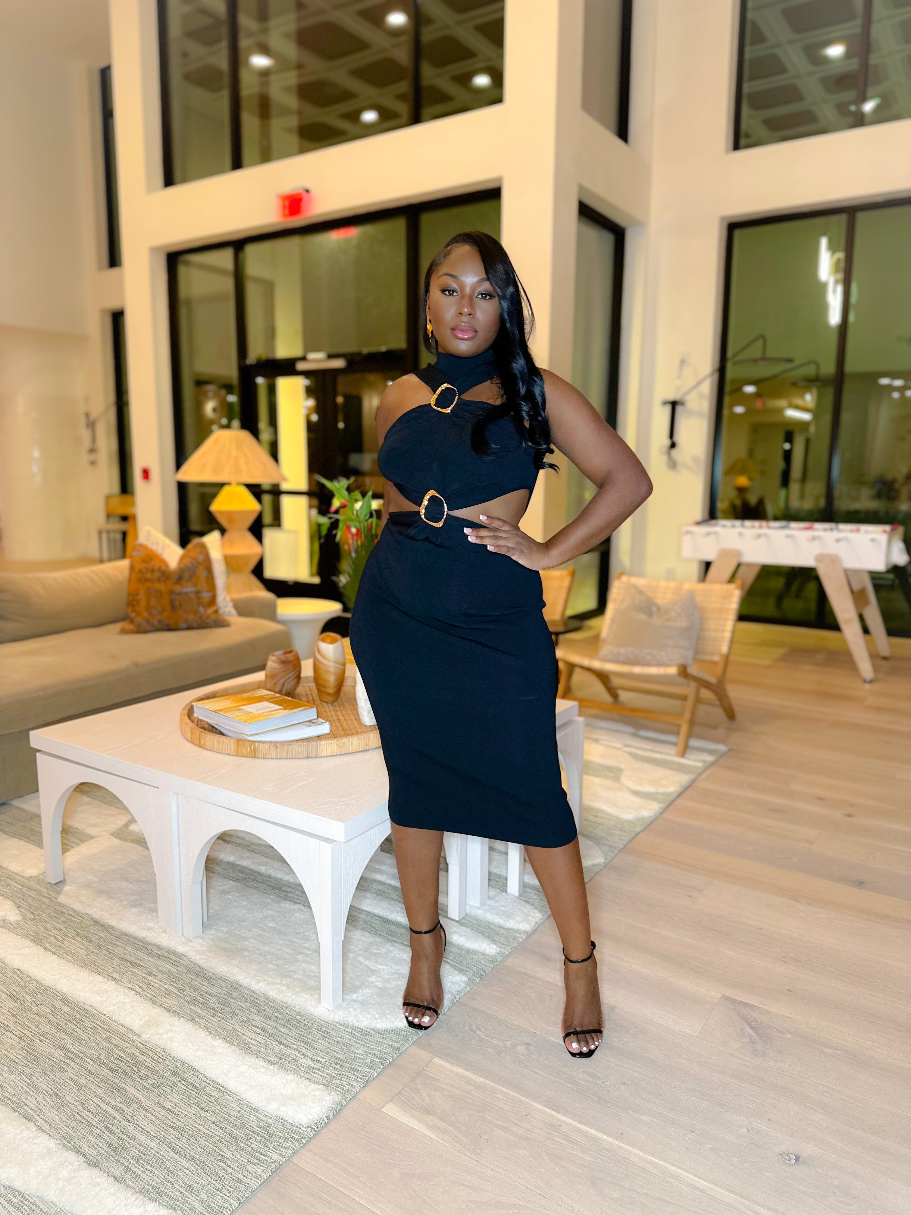 PLOT TWIST MIDI DRESS (BLACK)