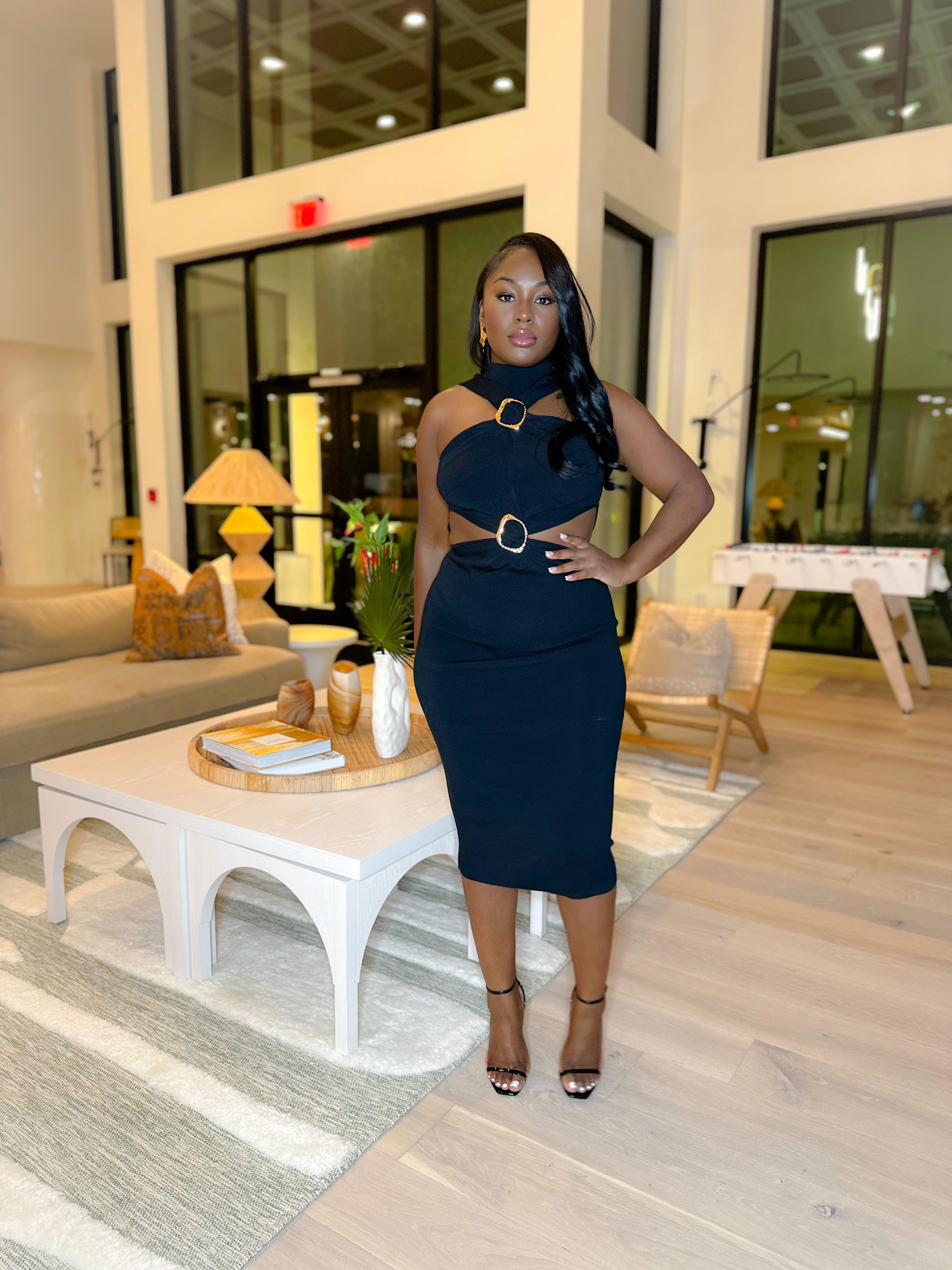 PLOT TWIST MIDI DRESS (BLACK)