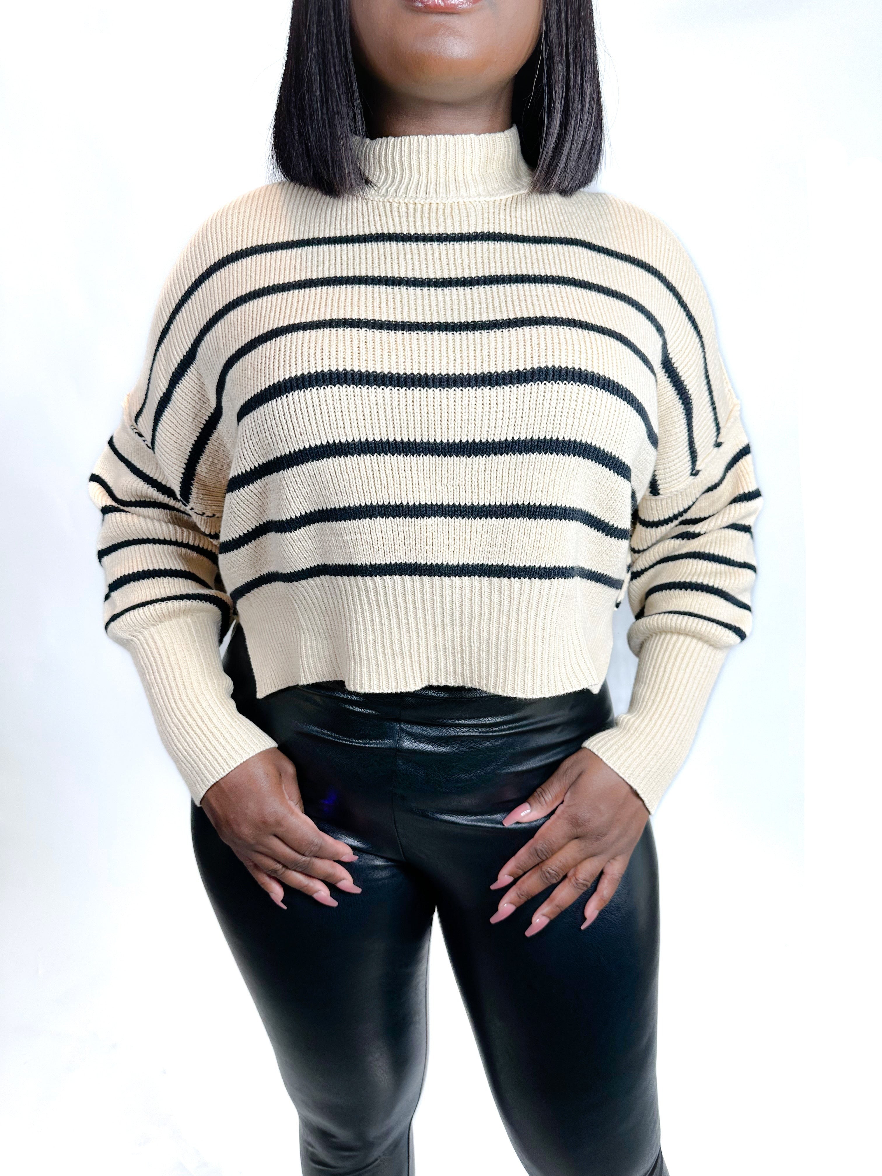 CHIC CONTRAST STRIPED CROP BEIGE SWEATER (FINAL SALE).