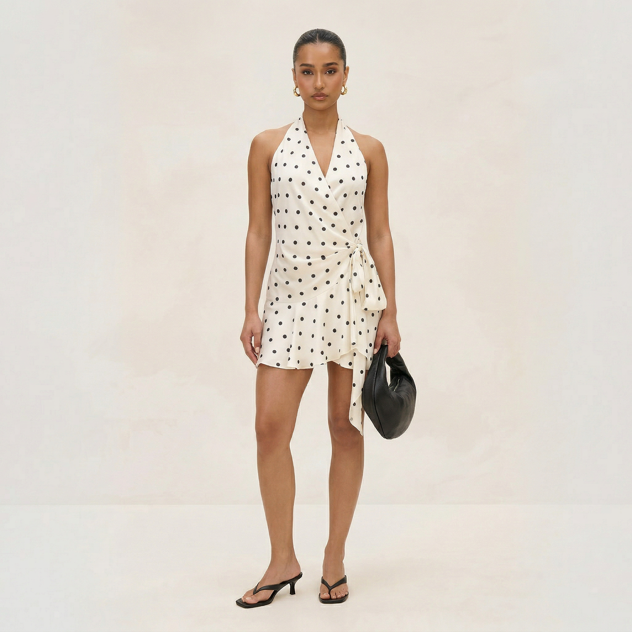 Woman wearing a white dress with black polka dots against a plain background