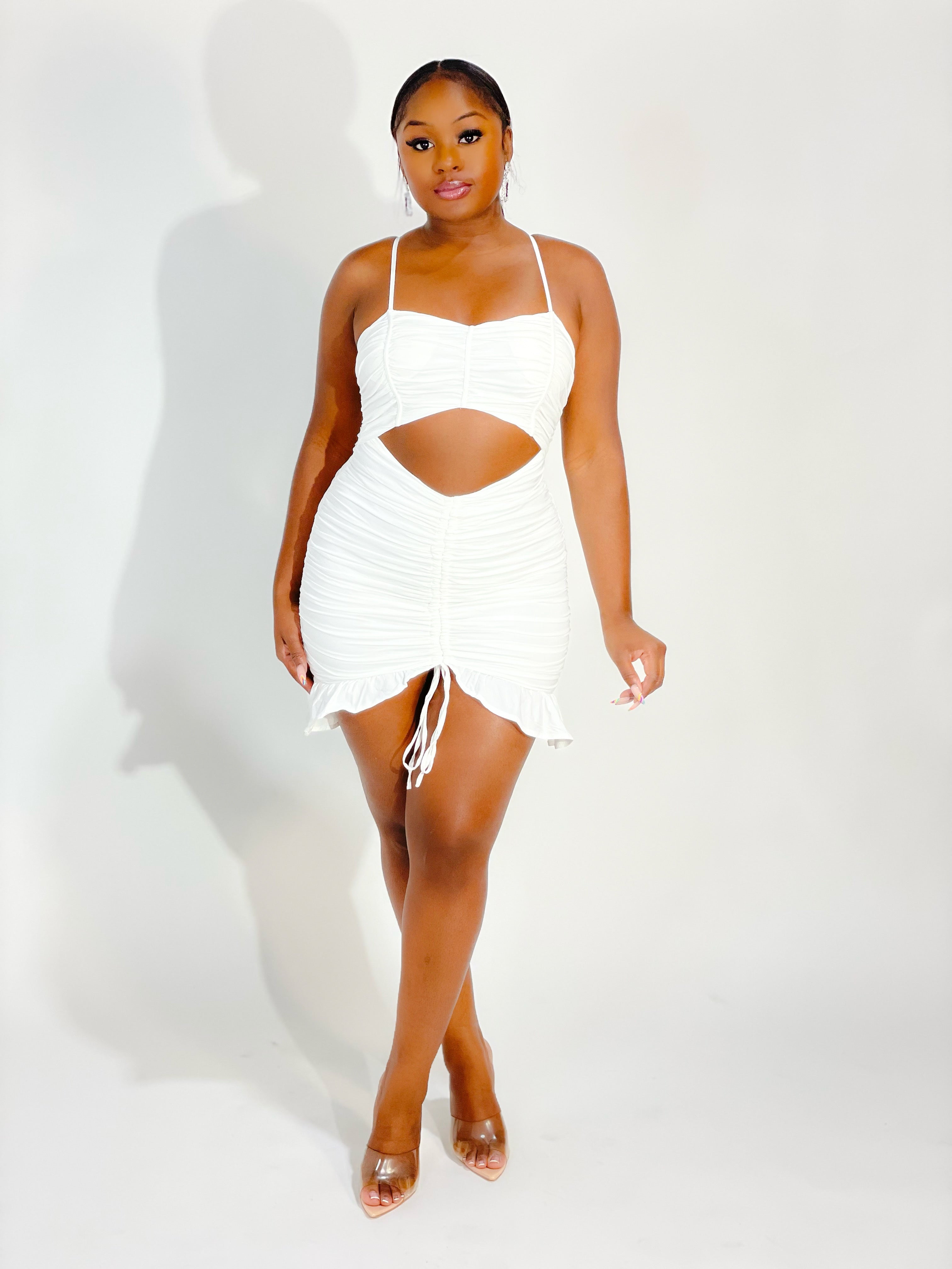 DOLLED UP CUTOUT RUCHED MINI DRESS (IVORY) (FINAL SALE)