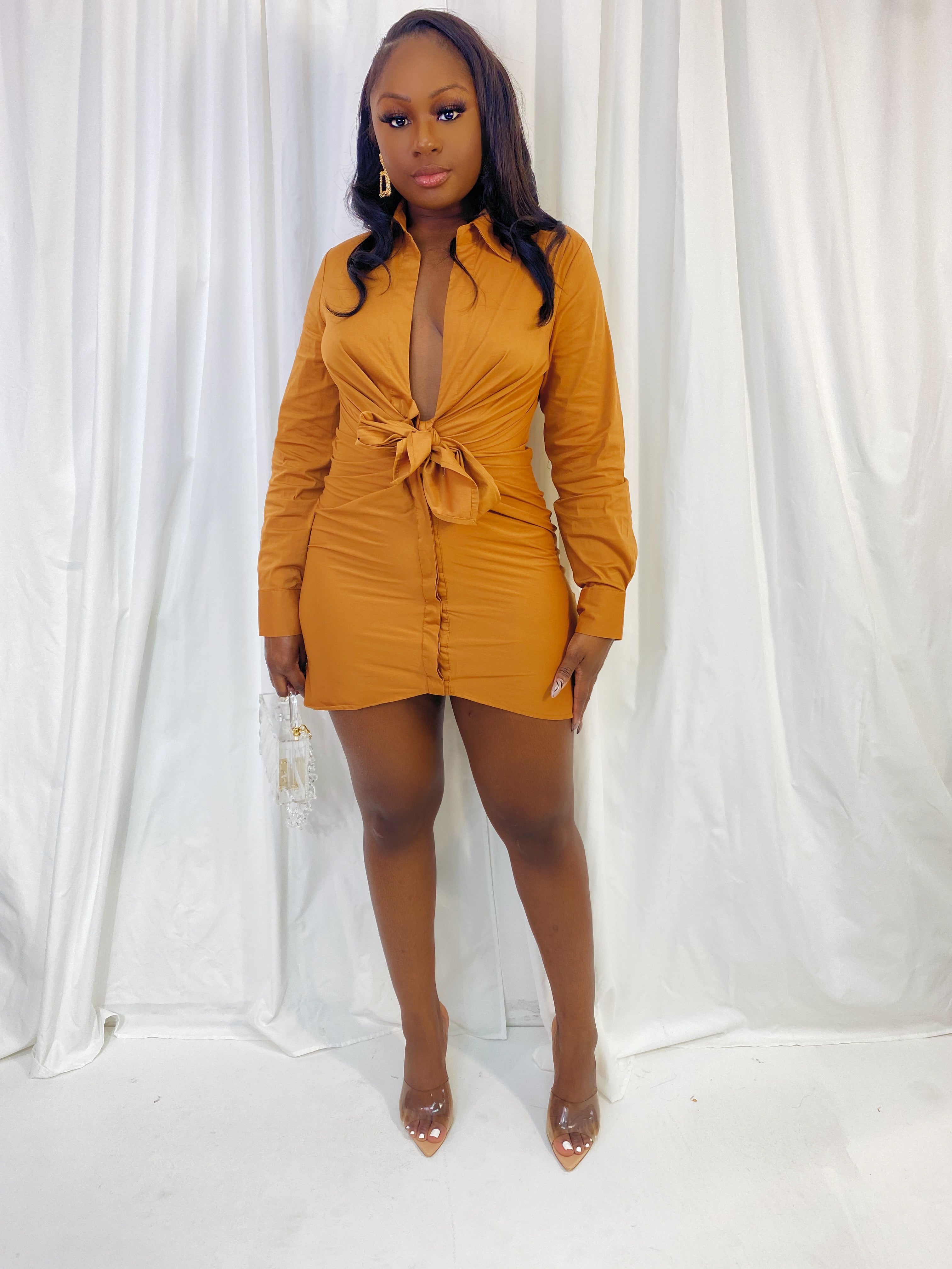 RICH COGNAC POPLIN RUCHED SHIRT DRESS (FINAL SALE).