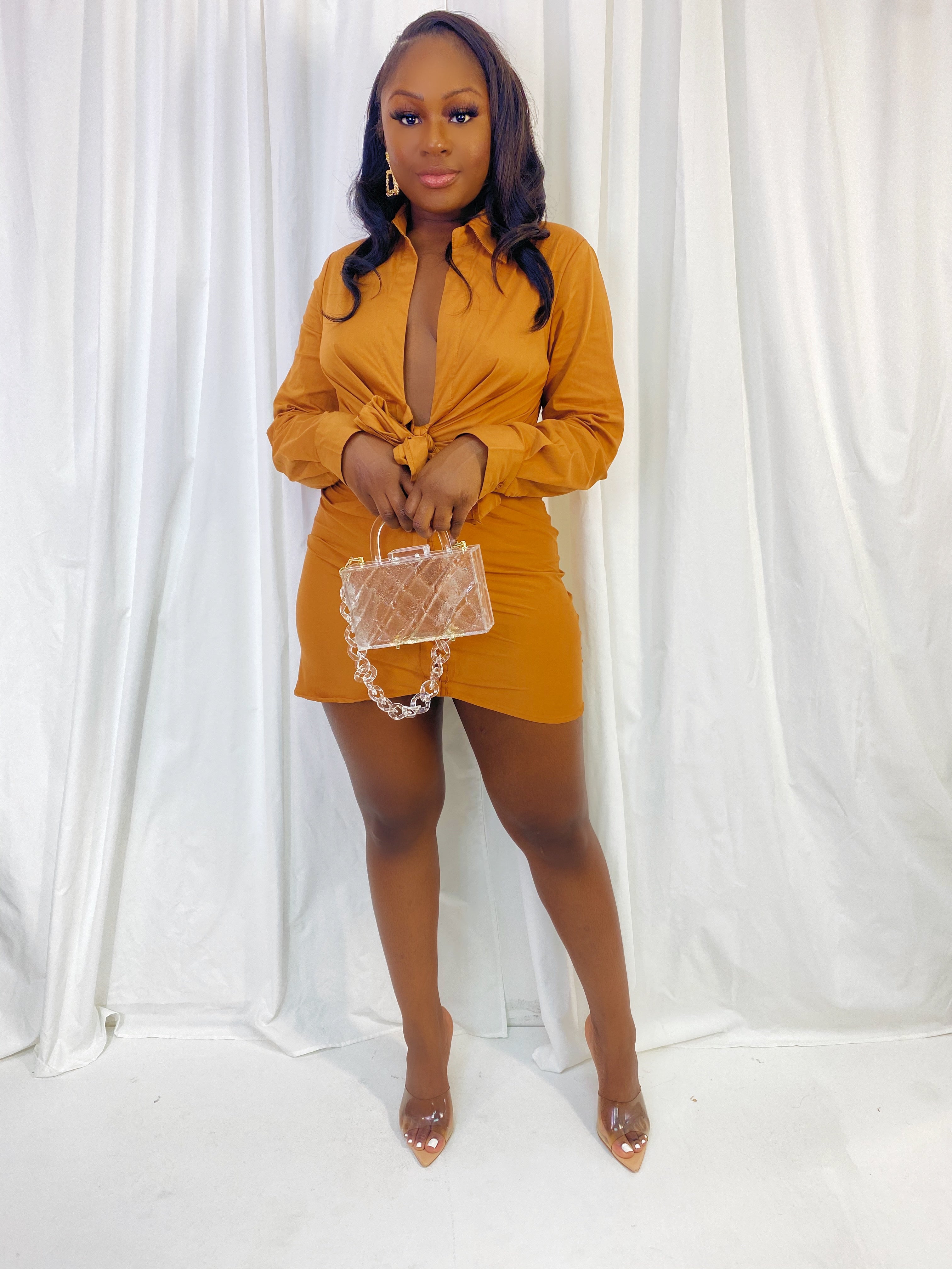 RICH COGNAC POPLIN RUCHED SHIRT DRESS (FINAL SALE).