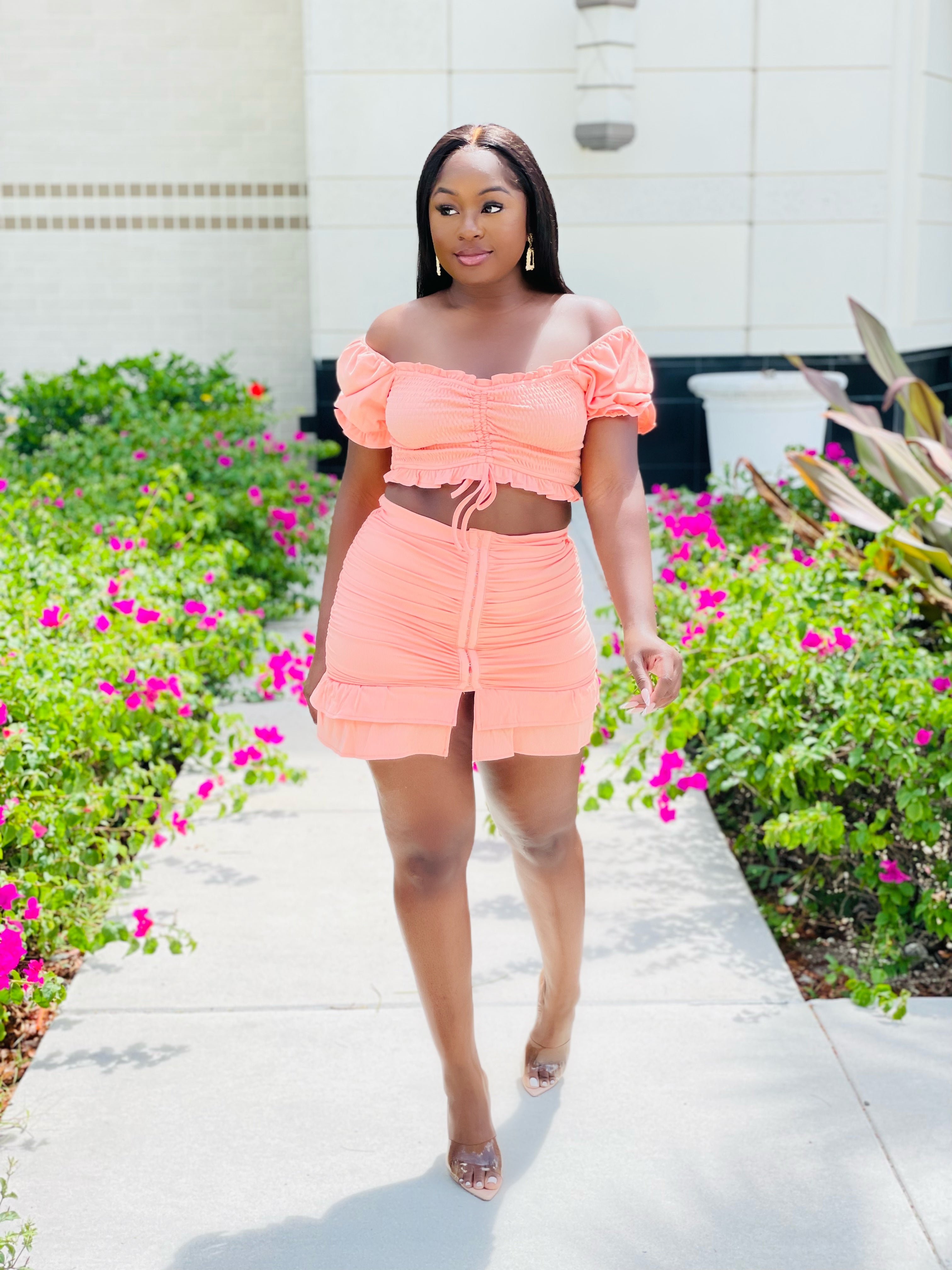 JOIE RUCHED CORSET SKIRT SET (CORAL) (FINAL SALE).