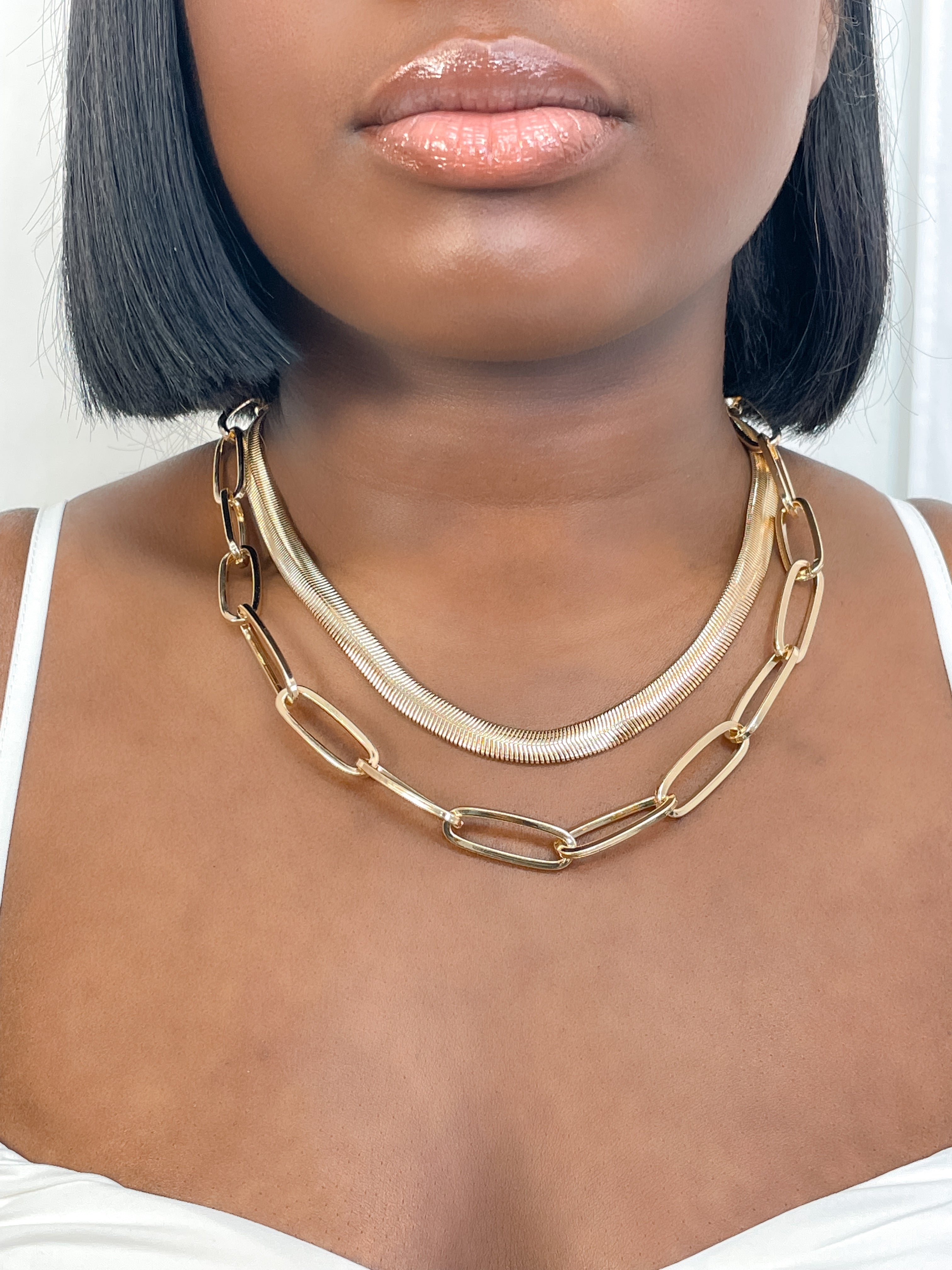 GOLD HERRINGBONE AND CHUNKY LINK CHAIN NECKLACE SET