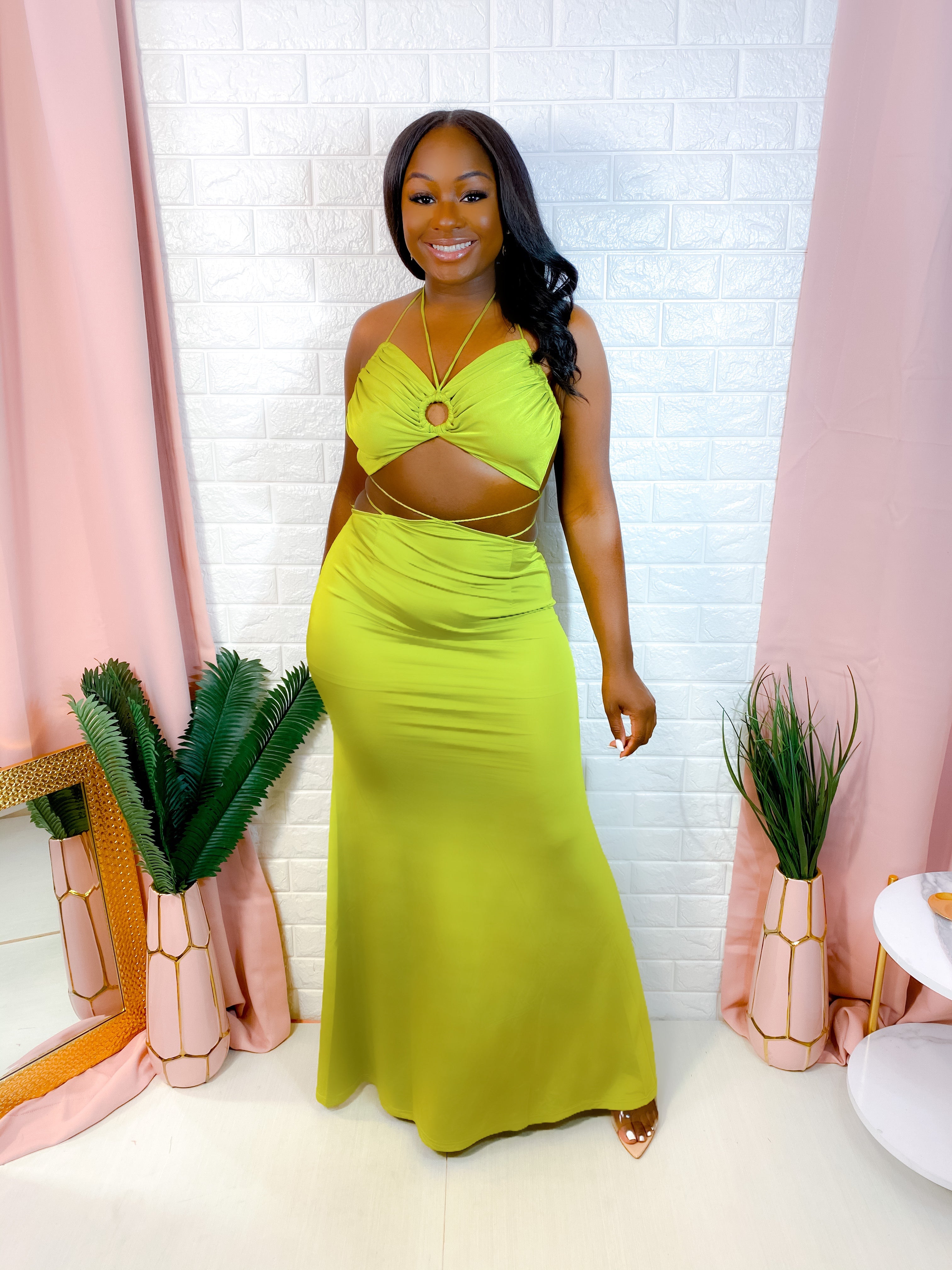 PRIVATE LOCATION LACE UP MAXI SKIRT SET (LIME)
